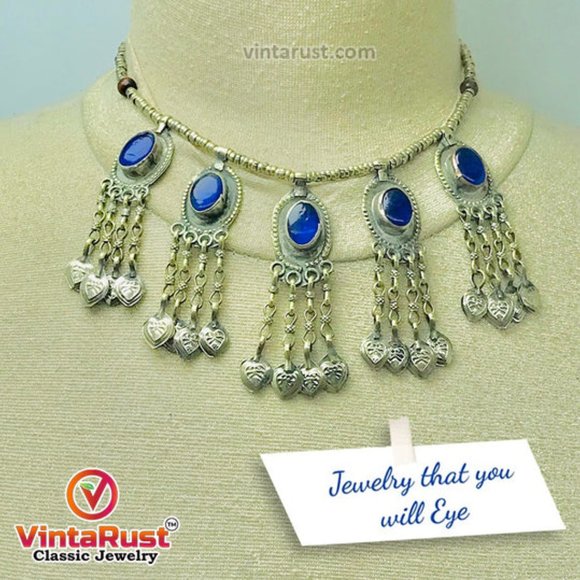 Beaded Chain Choker Necklace With Dangling Tassels and Blue Stone, Tribal Light - Picture 2 of 10